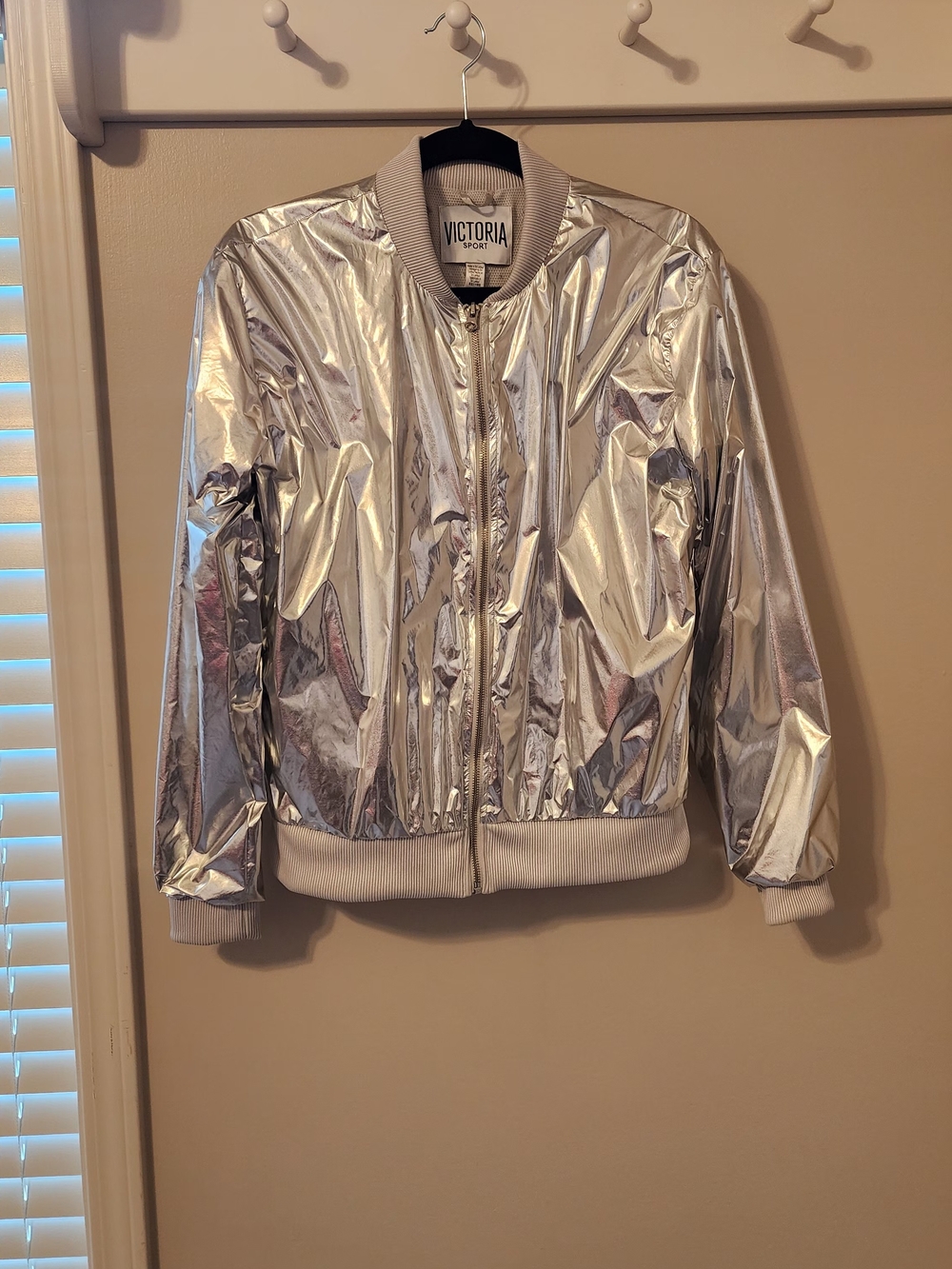 Victorias Secret Sport Bomber Jacket Silver Metallic Foil Full Zip Small NWOT